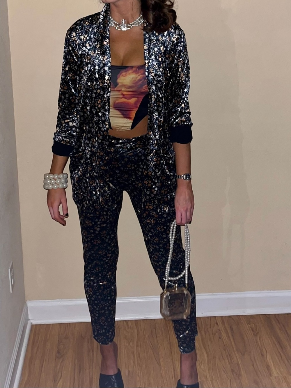 Molly Bracken Black Metallic Floral Skinny Pants